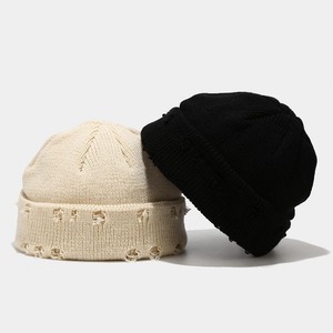 Unisex Beanie Hat Solid Color Ripped Edge Knit <b>Winter</b> <b>Cap</b> Casual Style 56-58CM Adult Acrylic Material - Product Image 1