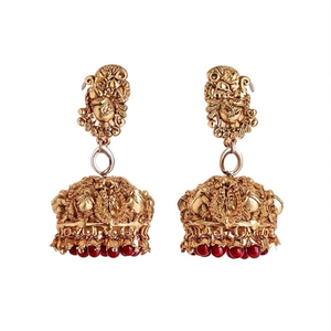 Fine Dangle Earrings Peacock Jhumki with Maroon Beads - Product Image 2