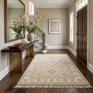 Beige Wool/Cotton Persian Style Floral Pattern Area Rug Soft Fringe Non-Slip <b>Washable</b> Floor Mat Home Decor - Product Image 2