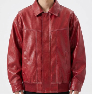 Chaqueta de Cuero PU Extra Grande para Hombre de Alta Calidad, Transpirable, con Costuras en Contraste, Corte Holgado, Cuello Camisero, Rojo Vintage - Product Image 1