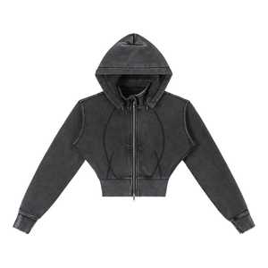 Women's <b>Black</b> <b>Cropped</b> Crew Neck Terry 100% Cotton <b>Long</b> <b>Sleeve</b> Zipper Front Solid Color Knitted Summer Wear - Product Image 1