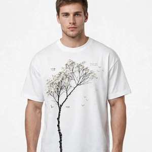เสื้อยืดคอกลมแขนสั้นสีขาวพิมพ์ลายต้นไม้และนกสำหรับผู้ชายจาก Oneten Apparel - Product Image 1