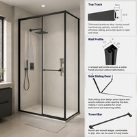 Porte de douche coulissante en verre trempé en forme de L moderne avec structure encadrée durable, design gain de place pour les salles de bain d'hôtel