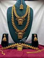 Parure de collier longue traditionnelle indienne du sud pour mariée, en alliage plaqué or avec boucles d'oreilles en zircon, style vintage pour fiançailles et mariage