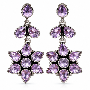 Pendientes Colgantes de Plata Oxidada con Gema Morada |   Diseño Floral Estilo Vintage |   Venta al por Mayor Directa de Fábrica de Joyería de Moda |   OEM ODM Personalizado - Product Image 1