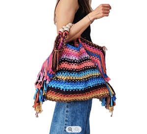 Coloré Coton À La Main fil Tricoté Fourre-Tout Sac Crochet Sac À Main Femme Arc-En-Rayé D'été plage Sac Vintage Sac À Main - Product Image 1