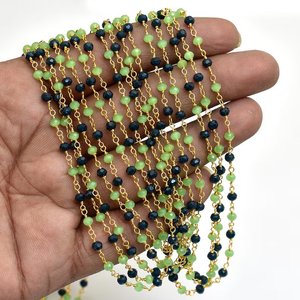 Chaîne de chapelet en préhnite et saphir bleu, plaquée or, fil enroulé, perles facettées rondelles, fournitures de bijoux - Product Image 1