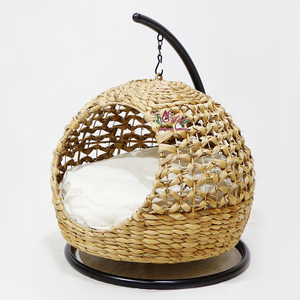 New Design Water Hyacinth Hanging <b>Cat</b> Swing Bed Round Egg Chair with Metal Stand Cushion - Product Image 1