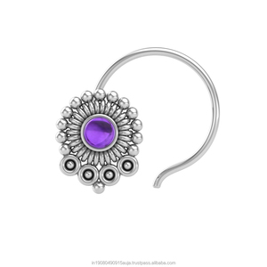 Pendiente de Nariz con Amatista Redonda en Plata de Ley 925, Estilo Indio, para Mujeres y Niñas - Product Image 1
