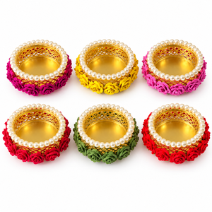 Decorative Tealight Holder with Pearl Border and Flower Design Pack of 6 Mixed <b>Colours</b> for Diwali Home Decor - Product Image 1