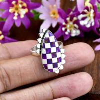 Bague Turquoise à Motif Damier Violet en Argent Sterling 925, Bague Géométrique Incrustée, Pierre Goutte d'Eau, Mosaïque, Bijou Fin
