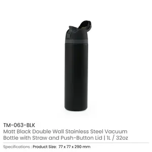 Bouteilles isothermes à double paroi de 1 litre avec paille et couvercle à bouton-poussoir, design minimaliste pour les voyages - Product Image 6