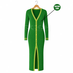 Cosh International Sorority Sisterhood Casual Ribbed <b>Maxi</b> Green Yellow Contrast Stripe Long Sleeve V Neck Button Up <b>Cardigan</b> - Product Image 1