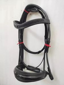 Brida de Doma Premium de Cuero Charol Negro Inglés con Cabezada de Manivela, Frentera con Cristales Brillantes y Acolchado, Accesorios para Caballos FHS BR262702 - Product Image 1