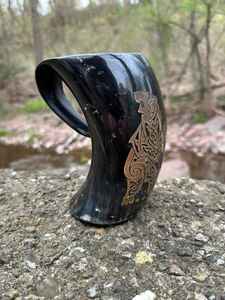 Polished Buffalo Horn Drinking <b>Mug</b> with Viking Bear Engraving Handle Outdoor Traditional Design Eco-Friendly Drinkware - Product Image 5