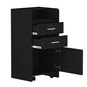 Carrello da Salone Nero a 3 Livelli con Cassettiera in Legno su Ruote, Attrezzatura per Spa e Serratura - Product Image 4