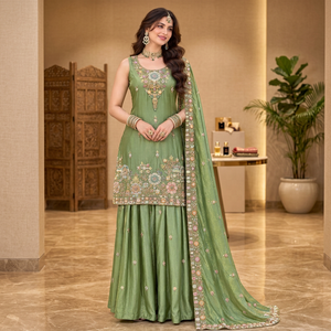 Hot Selling Women's Green Embroidered Viscose <b>Tissue</b> Palazzo Suit With Beads Work And Dupatta Trendy <b>Wedding</b> Ethnic Wear Set - Product Image 4