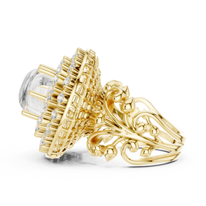 Bague de fiançailles et de mariage pour femme en or jaune avec halo de diamants ronds et design floral - Product Image 1