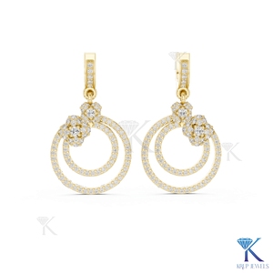 Boucles d'oreilles pendantes double cercle en diamant CVD HPHT de laboratoire, pavé floral, or massif 14 carats, bijoux de luxe pour femme, pour mariage et soirée - Product Image 1