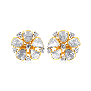 Boucles d'oreilles clous en or jaune 14 carats avec diamants, motif floral en grappe, diamants de laboratoire taille brillant rond, bijoux fins élégants - Product Image 1