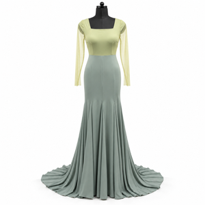 Vestido de noche formal color verde salvia amarillo, cuello cuadrado, manga corta, mangas largas transparentes |   Vestido entallado con vuelo y cola hasta el suelo - Product Image 1