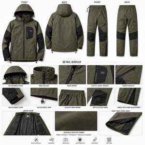 Conjunto de Chaqueta Cortavientos con Capucha, Puños Elásticos, Cordón Ajustable en el Bajo, Paneles Raglán, Logotipo Impreso Personalizado, Tela Ripstop de Poliéster, Impermeable para Otoño - Product Image 4