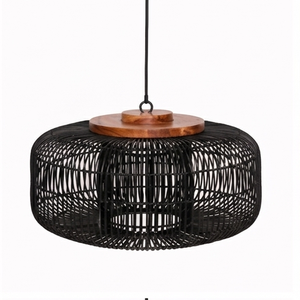 Lámpara colgante de ratán negro tejido, lámpara de techo de madera de teca maciza, farol bohemio para sala de estar, restaurante, hotel, decoración de interiores - Product Image 2