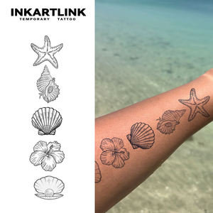 INKARTLINK Pegatina <span class=keywords><strong>de</strong></span> <span class=keywords><strong>Tatuaje</strong></span> <span class=keywords><strong>de</strong></span> Concha Marina y Estrella <span class=keywords><strong>de</strong></span> <span class=keywords><strong>Mar</strong></span>, Flor <span class=keywords><strong>de</strong></span> Hibisco Herbal para Verano y Playa, Arte Corporal Semipermanente <span class=keywords><strong>de</strong></span> 15 Días para Brazo, Venta al por Mayor - Product Image 1