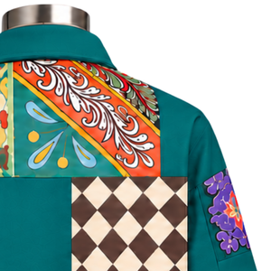 Chaqueta de Trabajo con Mosaico Teal, Multicolor, Artística, con Parches Florales, Cierre de Botones, Estilo Casual, con Bolsillos Funcionales - Product Image 5