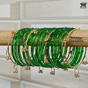 Luxury Handmade Emerald Green Kashmiri Bangle Set with Ghungroo Traditional Bridal Jewelry Gold Plated 16-Piece for Women - Product Image 2