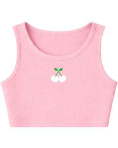 Ensemble décontracté deux pièces pour femme : débardeur court côtelé et short à cordon de serrage rose pâle avec broderie cerise – Vente en gros - Product Image 2