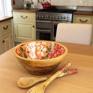 Juego de Tazones para Ensalada de Madera de Mango Hechos a Mano con Diseño de Mosaico y Flores, con Cucharas, Bandeja de Almacenamiento Moderna y Lujosa para Té, Café y Aperitivos - Product Image 2