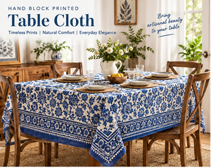 Mantel de Algodón Impermeable con Estampado Floral Azul, Hecho a Mano con Técnica de Bloqueo, para Hogar, Hoteles, Estilo Rústico Boho Indio, con Borde Decorativo - Product Image 1