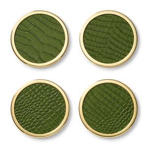 Sous-verre rond de luxe en cuir vert, motif crocodile, cuir gaufré, bordure en laiton, bord doré - Product Image 1