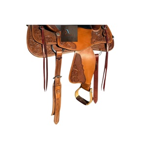 Western Tan Leather <b>Basket</b> Wave & Floral Hand Tooling Designed Barrel Horse Saddle Black Soft Seat Latigo Straps 10" to 18" Inch - Product Image 3