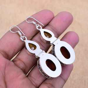 Boucles d'oreilles pendantes en argent sterling 925 faites à la main avec pierres précieuses d'ambre de la Baltique et citrine, cadeau d'anniversaire de luxe certifié pour les fêtes - Product Image 4