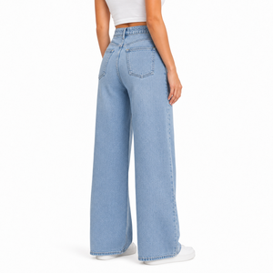 Jeans de Mezclilla de Pierna Ancha para Mujer, Corte Holgado, Casual, con Logotipo Personalizado, Color Sólido, Cintura Alta, Rectos, Lavado Claro, 100% Algodón - Product Image 4