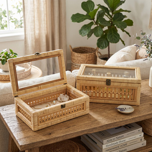 <b>Woven</b> rattan organizer Box Storage <b>Basket</b> with Glass Lid, Eco Friendly Home Sundries Container Viettimecraft Wholesale - Product Image 1