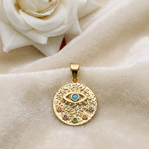 Wholesale 925 Sterling Silver <b>Gold</b> Plated Textured Evil Eye Coin Pendant Multicolor CZ Turquoise Fine Jewelry Memoria Jewels - Product Image 4