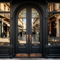 Porte d'entrée extérieure moderne en fer forgé, dotée d'un design cintré avec des panneaux en verre ; résistante à la rouille et facile à installer.