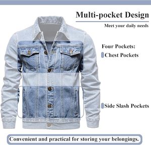 Veste en jean slim pour homme, couleur unie, décontractée, boutonnée, en coton tissé délavé, pour l'automne - Product Image 5