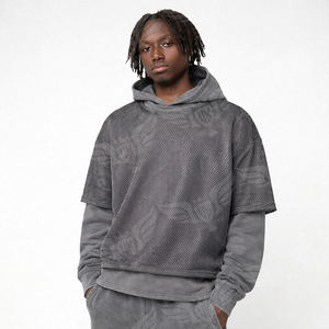 2026 Grey Layered Mesh <b>Hoodie</b> T-Shirt Oversized Streetwear Graphic Top for <b>Men</b> & Women - Product Image 3
