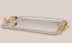 Bandeja rectangular metálica para servir con asas doradas, diseño glamuroso pulido, patrón sólido y duradero, para fiestas, bandeja decorativa. - Product Image 2
