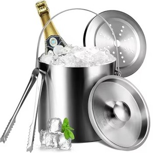 Nouveauté : seau à glace en acier inoxydable avec couvercle et pince, design moderne rond, résistant à la rouille, refroidisseur de boissons pour les fêtes - Product Image 1
