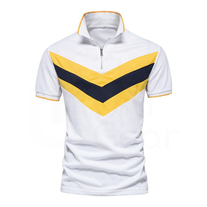 Men's White Short Sleeve <b>Polo</b> <b>Shirt</b> With Yellow And Navy <b>Blue</b> Geometric Stripe Zipper Casual Knitted Design Regular Fit - Product Image 1