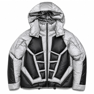 Custom <b>Silver</b> and Black Finished Streetwear Hooded Puffer <b>Jacket</b> with Zip Front Design for Unisex Winter Wear - Product Image 1