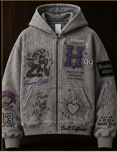 Sweat à capuche streetwear de luxe pour homme, broderie, patchs, strass et imprimés, sweat à capuche zippé surdimensionné en molleton lavé - Product Image 3