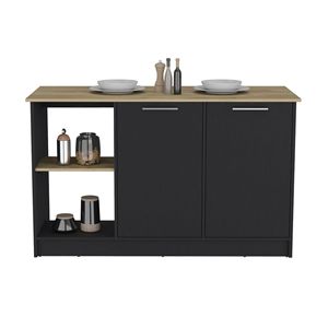 Black/Macadamia Kitchen Island with Large Countertop Double Door Cabinet <b>Open</b> <b>Storage</b> Shelves - Product Image 2