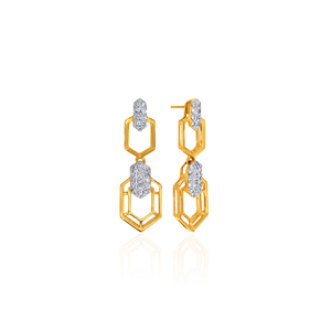 Luxury Gold Tone Geometric Hexagonal <b>Dangle</b> <b>Earrings</b> with Brilliant Clear Crystal Stone Accents Long Drop Statement Fashion - Product Image 2