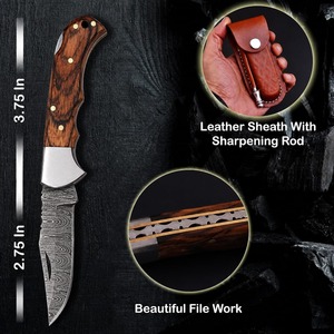 Cuchillo Plegable Artesanal de Damasco para Exteriores, Camping y Supervivencia, con Mango de Madera, Funda de Cuero y Hoja de Cambio Rápido de 7 Pulgadas - Product Image 5